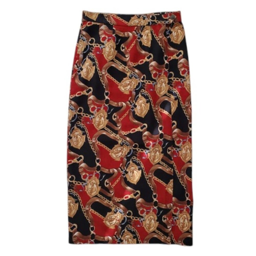 Vintage Sun River Equestrian Horse Chain Print Wrap Maxi Skirt Size M Old Money